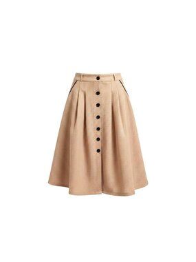 Women's Tan High-Waisted A-Line Button Front Pleated Skirt Black Trim Size S